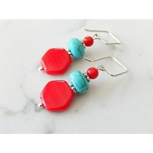 Red Coral Turquoise Earrings